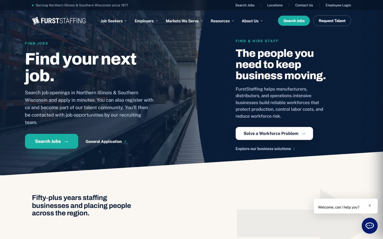 FurstStaffing after: a split homepage with separate paths for job seekers and employers