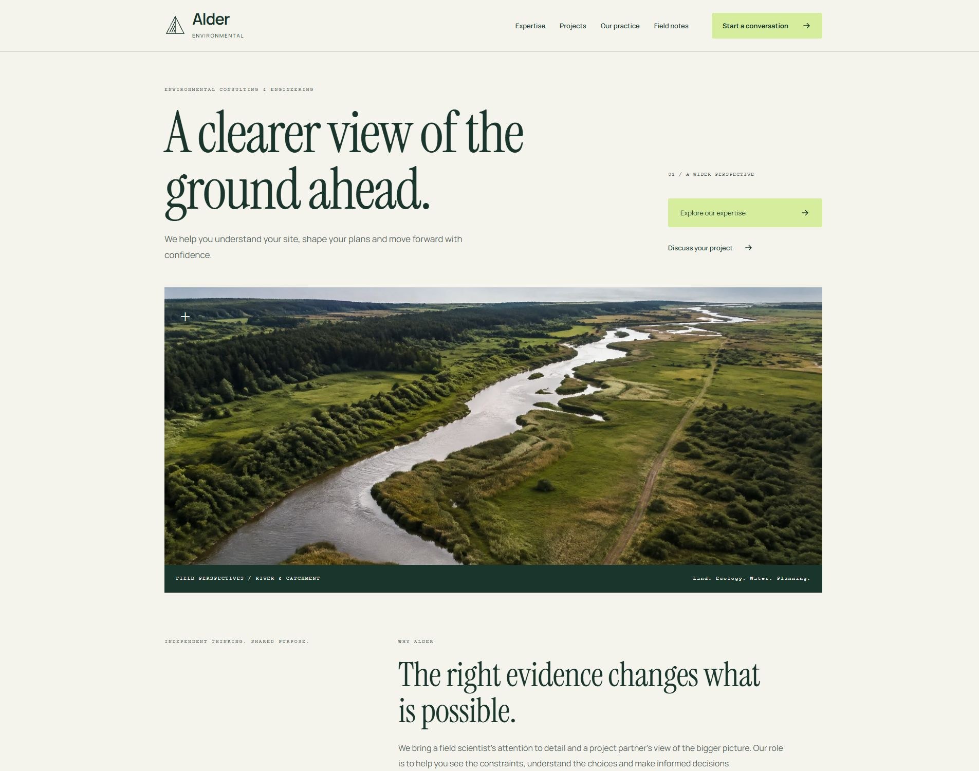 Fieldwork environmental consulting theme with landscape photography and an editorial service layout