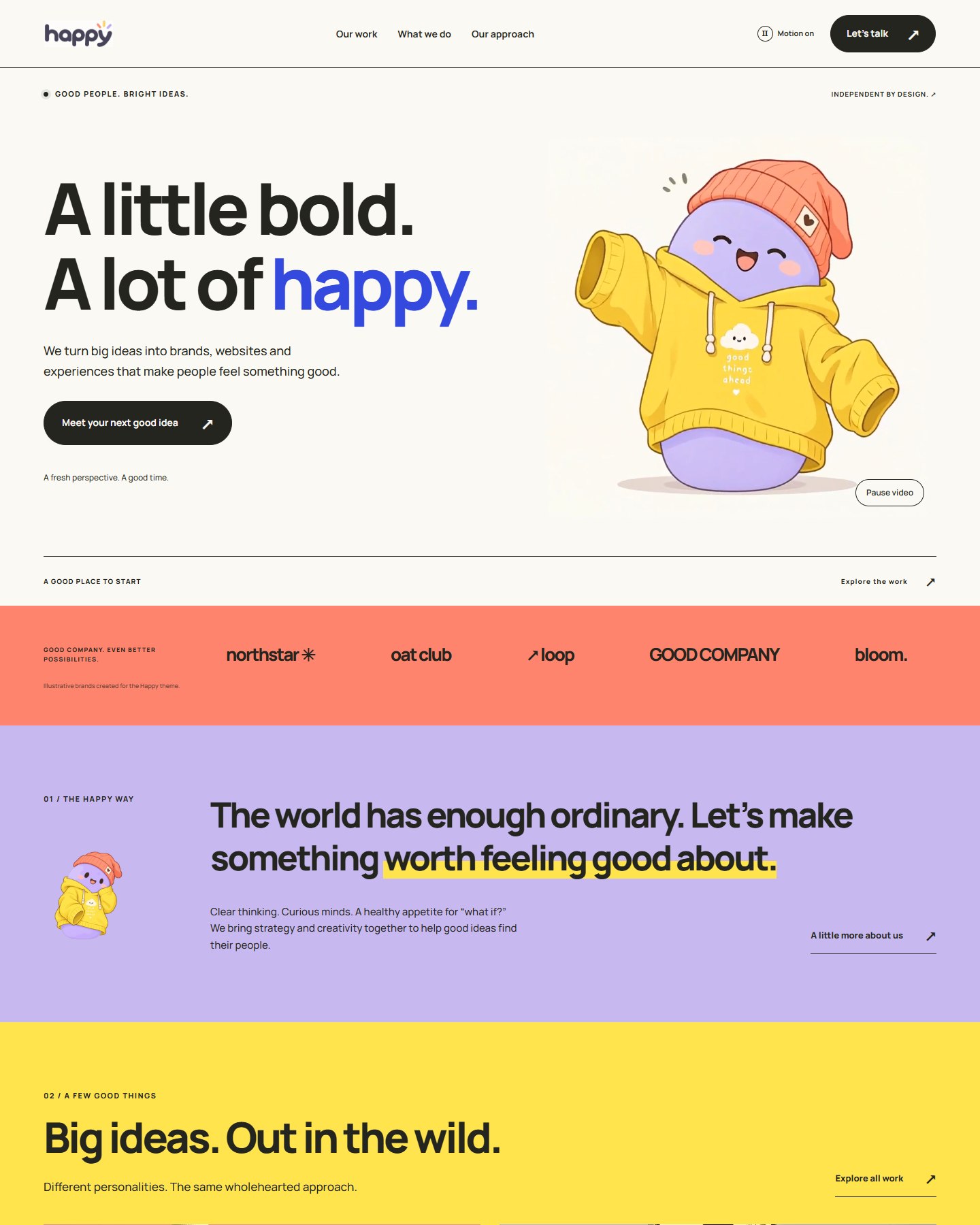 Happy HubSpot theme: expressive typography, bright colors and a cheerful illustrated character