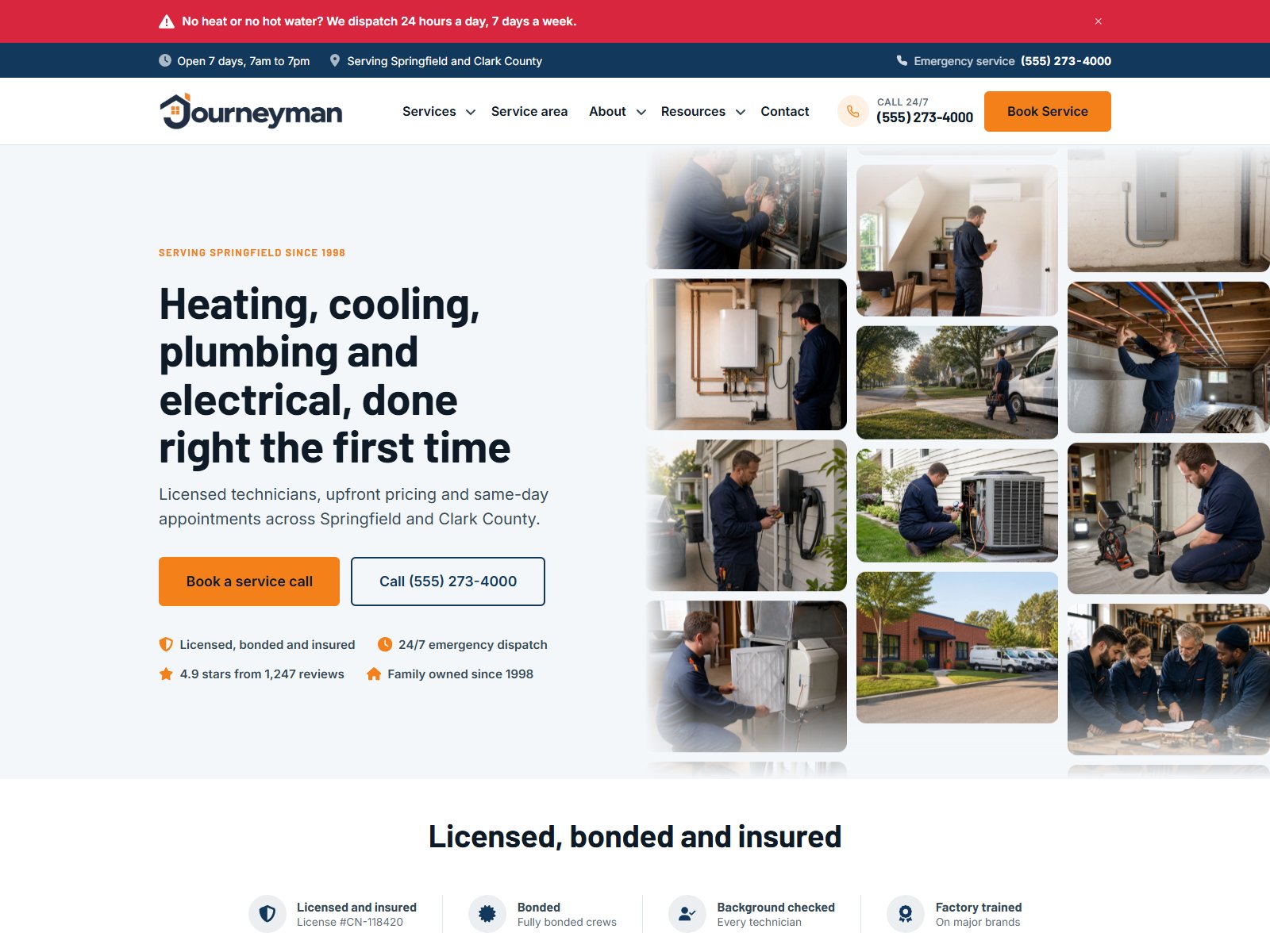 Journeyman theme homepage with contractor photography and prominent service booking buttons