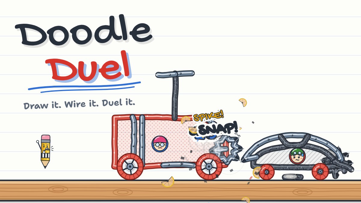 Doodle Duel: two hand-drawn battle bots crash on a wooden desk, a spiked saw snapping off in a burst of pencil shavings